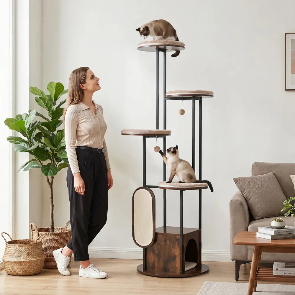72-Inch Tall Multi-Level Cat Condo with Top Perch Platforms and Removable Washable Mats-Rustic Brown - Rustic Brown