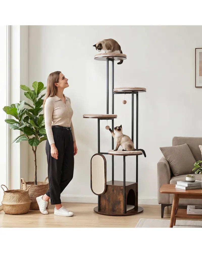 72-Inch Tall Multi-Level Cat Condo with Top Perch Platforms and Removable Washable Mats-Rustic Brown - Rustic Brown