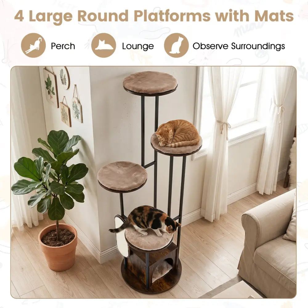 72-Inch Tall Multi-Level Cat Condo with Top Perch Platforms and Removable Washable Mats-Rustic Brown - Rustic Brown