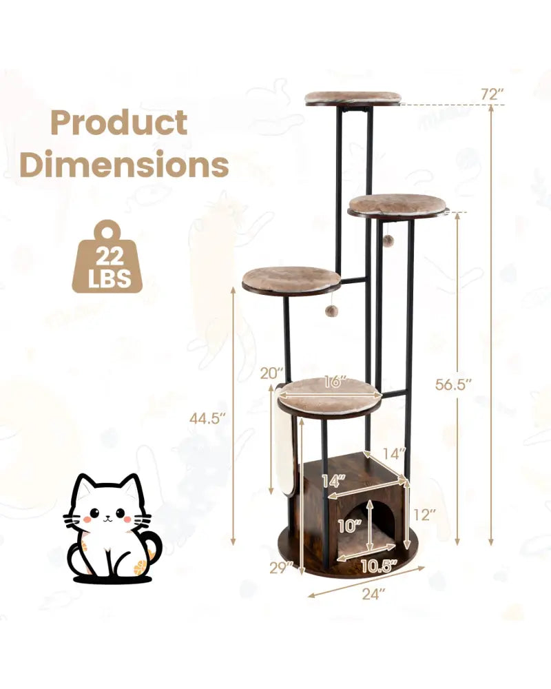 72-Inch Tall Multi-Level Cat Condo with Top Perch Platforms and Removable Washable Mats-Rustic Brown - Rustic Brown