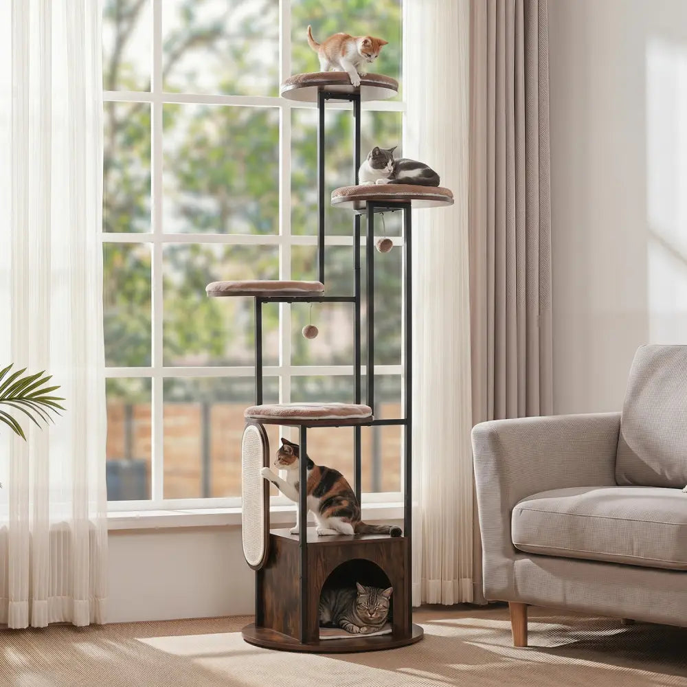 72-Inch Tall Multi-Level Cat Condo with Top Perch Platforms and Removable Washable Mats-Rustic Brown - Rustic Brown