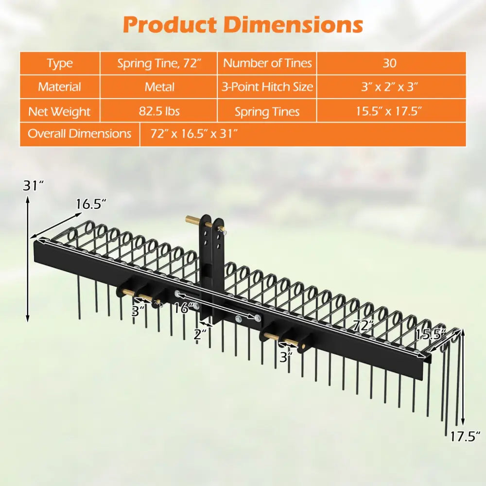 72’’ Pine Straw Rake with 30 Metal Coil Tines for Grass-Black - Black - Lawn Care Tools