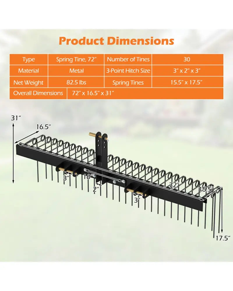 72’’ Pine Straw Rake with 30 Metal Coil Tines for Grass-Black - Black - Lawn Care Tools