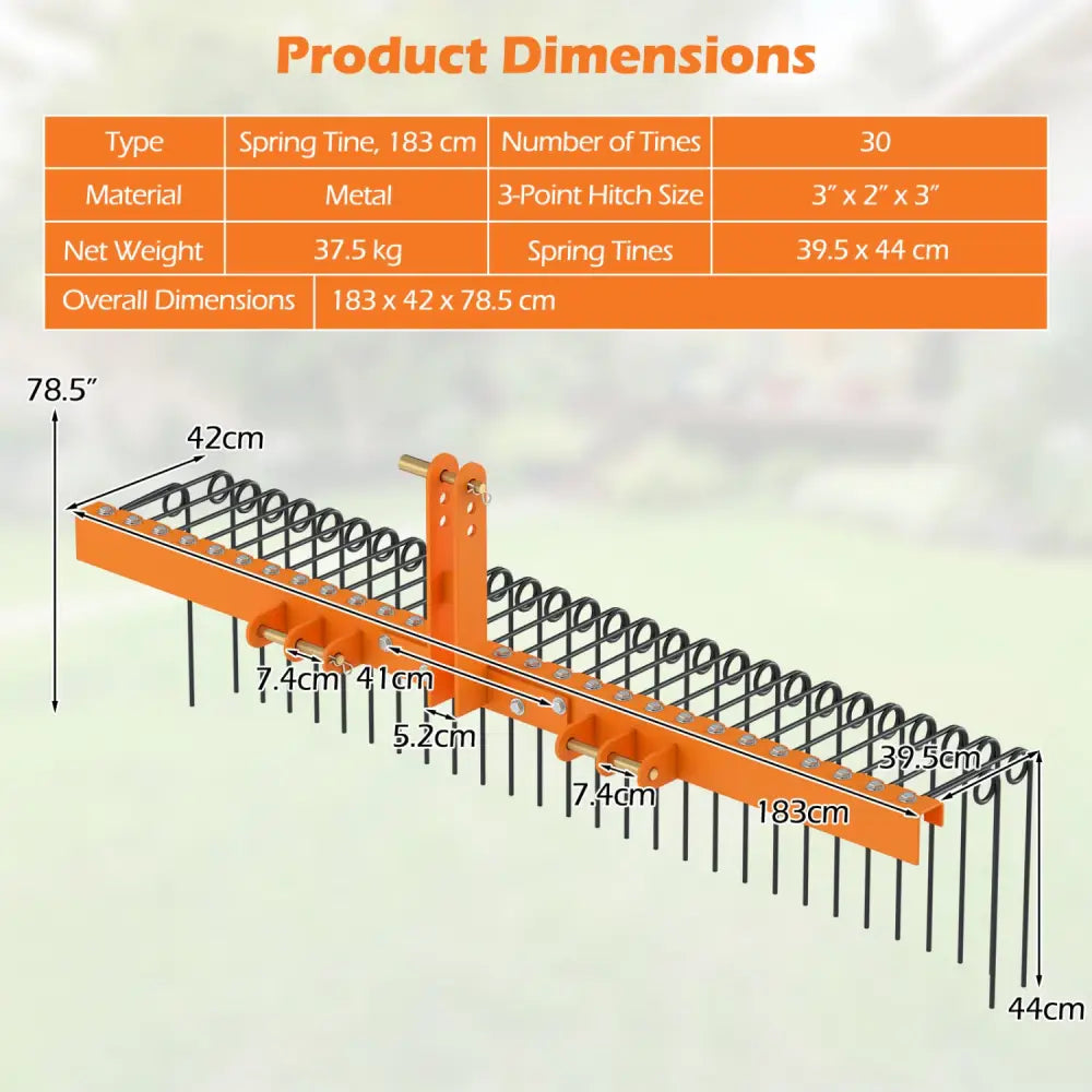 72’’ Pine Straw Rake with 30 Metal Coil Tines for Grass-Orange - Orange - Lawn Care Tools