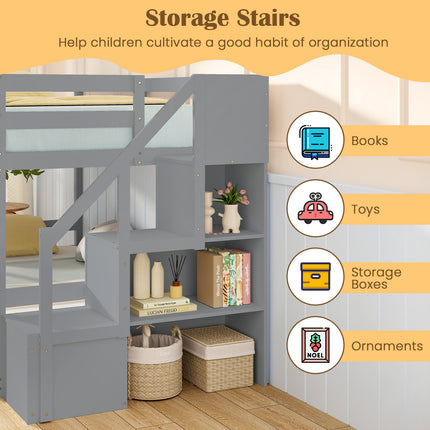 Twin Over Twin Low Bunk Bed with Storage Stairs Solid Wood Floor Bunk Bed Frame-Gray