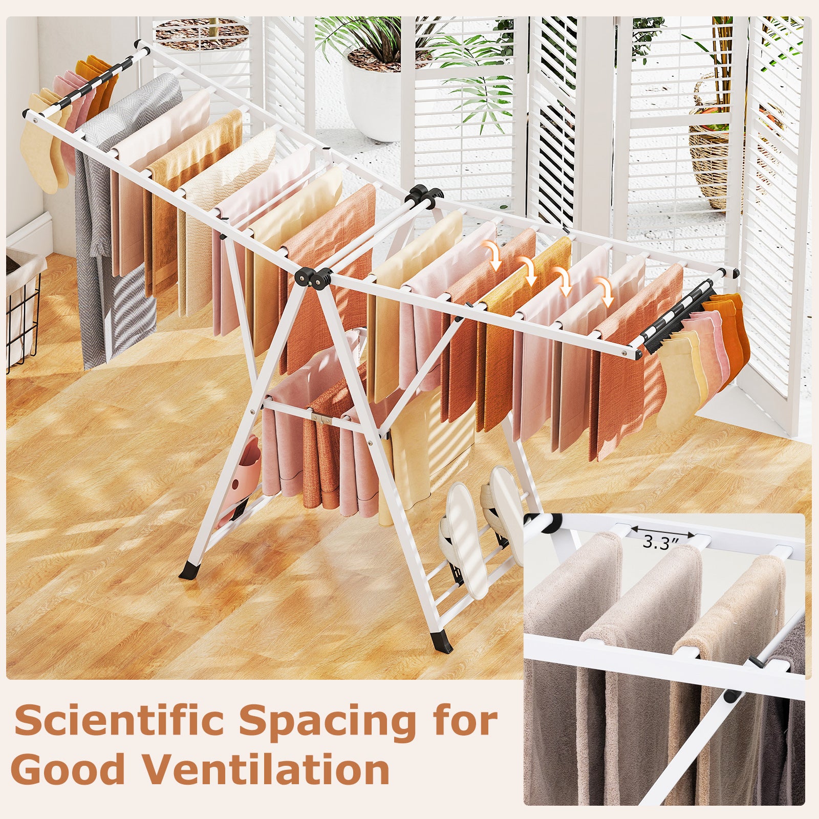72.5 Inches Clothes Drying Rack with Height Adjustable Wings-White