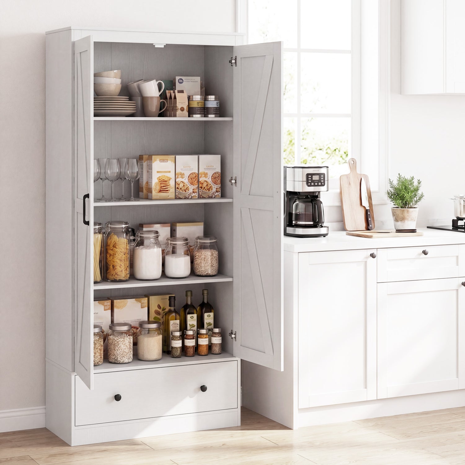 72 Inch Tall Kitchen Pantry Cabinet Farmhouse Wooden Cupboard with 2 Doors-White
