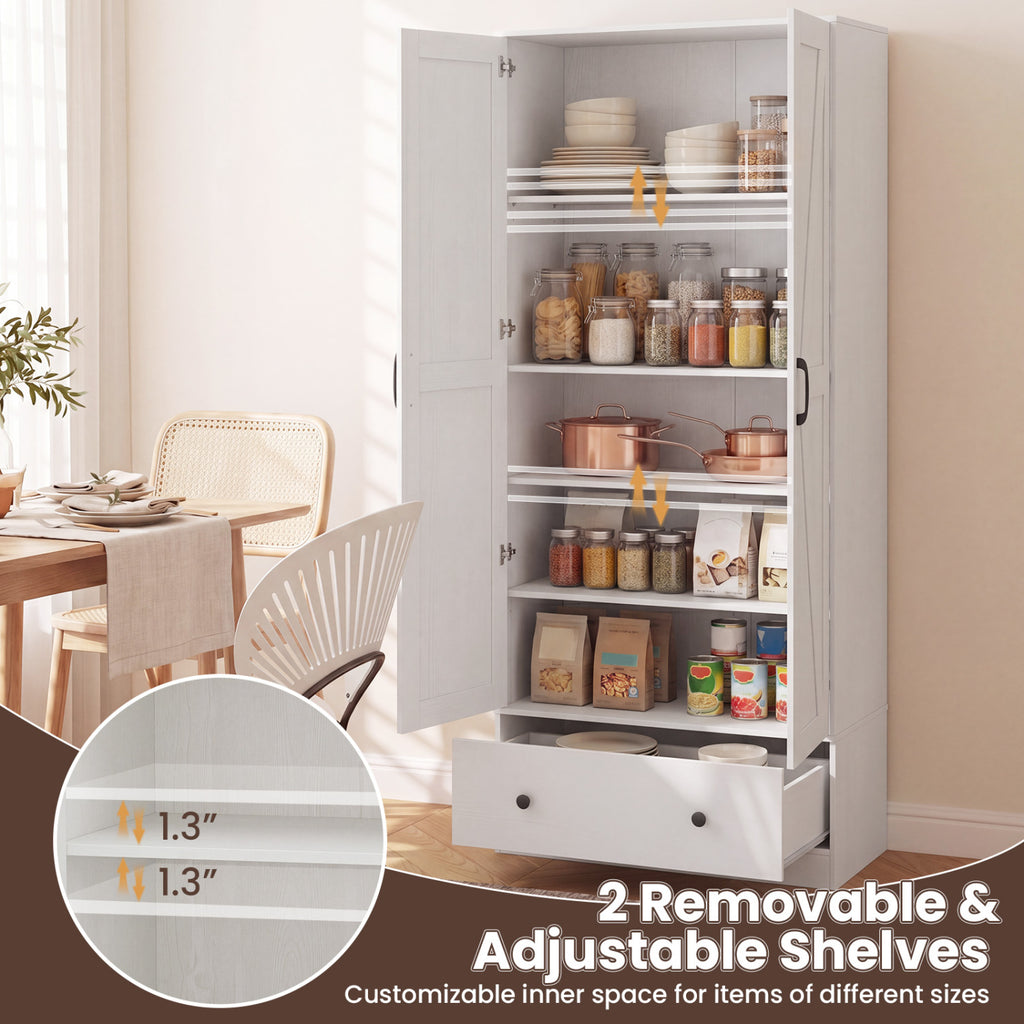 72 Inch Tall Kitchen Pantry Cabinet Farmhouse Wooden Cupboard with 2 Doors-White