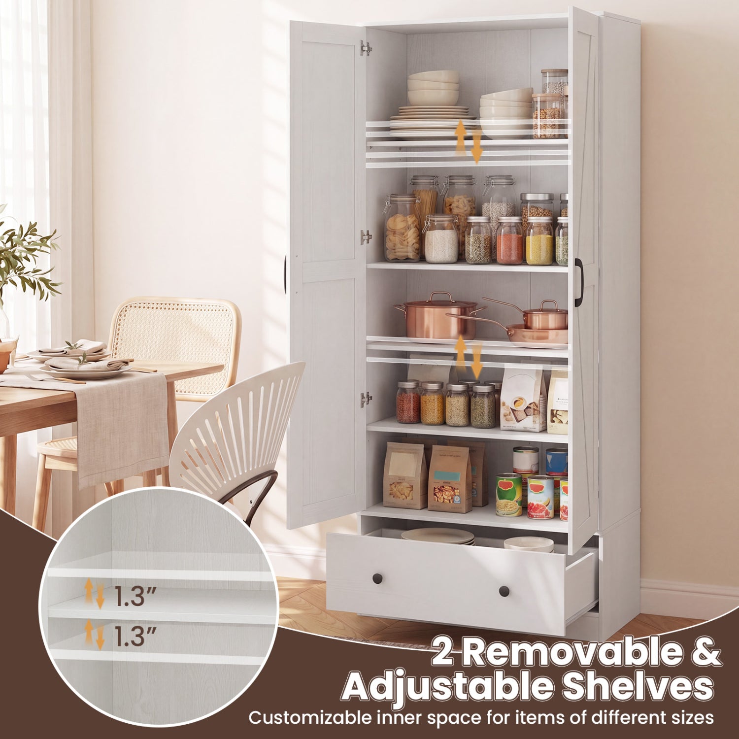72 Inch Tall Kitchen Pantry Cabinet Farmhouse Wooden Cupboard with 2 Doors-White