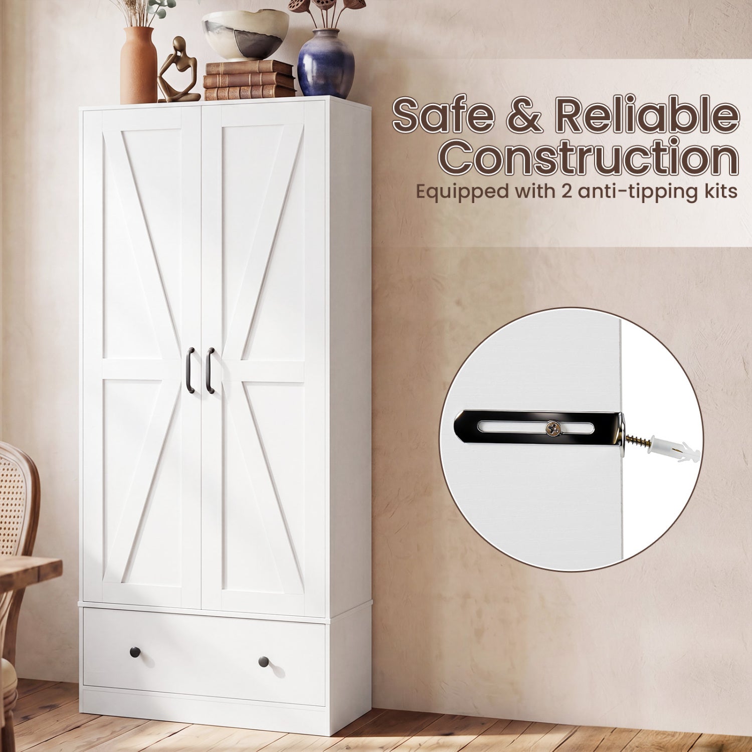 72 Inch Tall Kitchen Pantry Cabinet Farmhouse Wooden Cupboard with 2 Doors-White