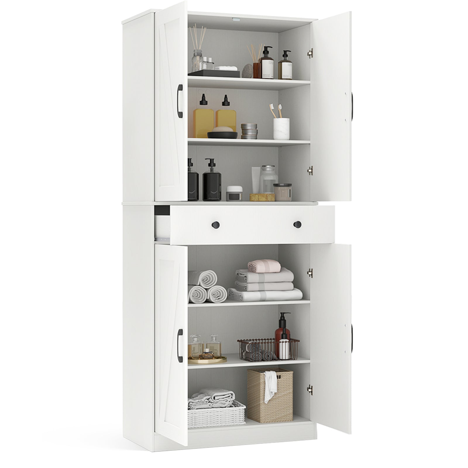 72 Inch Tall Modern Farmhouse Cupboard Cabinet with 4 Barn Doors-White