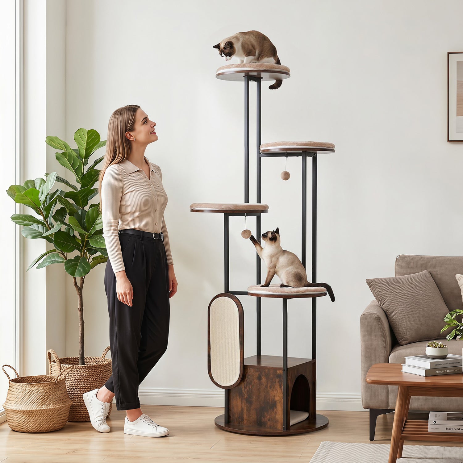 72-Inch Tall Multi-Level Cat Condo with Top Perch Platforms and Removable Washable Mats-Rustic Brown