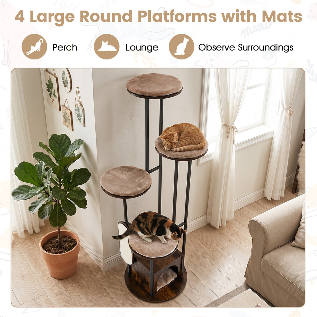72-Inch Tall Multi-Level Cat Condo with Top Perch Platforms and Removable Washable Mats-Rustic Brown
