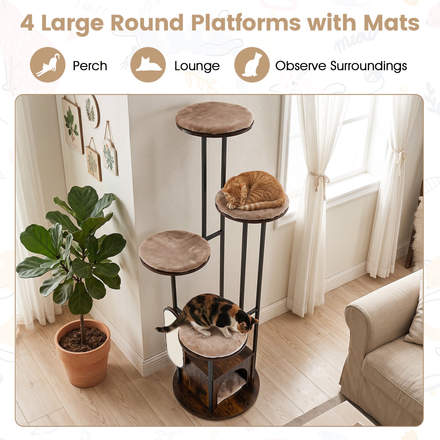 72-Inch Tall Multi-Level Cat Condo with Top Perch Platforms and Removable Washable Mats-Rustic Brown