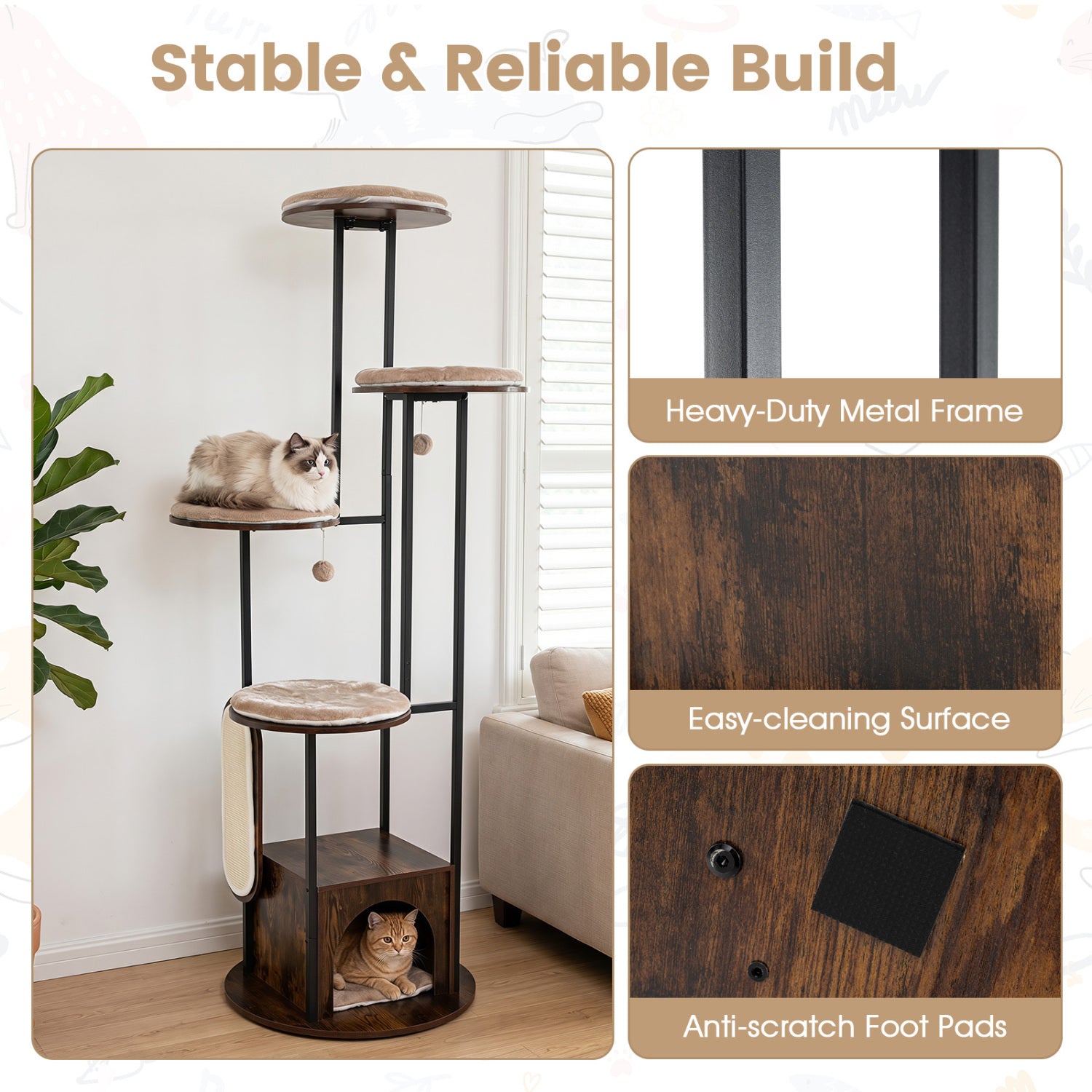72-Inch Tall Multi-Level Cat Condo with Top Perch Platforms and Removable Washable Mats-Rustic Brown
