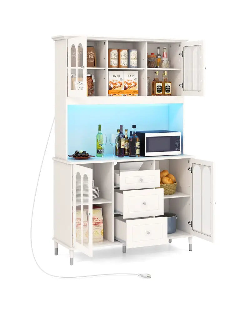 73 Inch Kitchen Pantry Storage Cabinet Freestanding Buffet Cabinet with LED Lights-White - White - Sideboards Cabinets