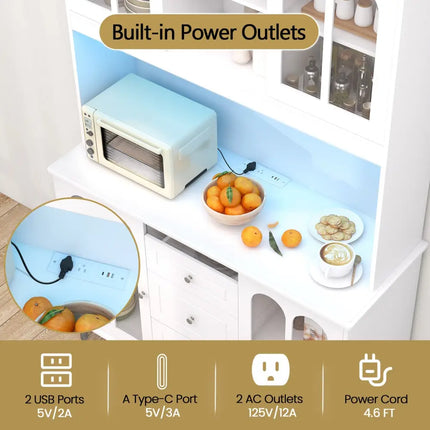 73 Inch Kitchen Pantry Storage Cabinet Freestanding Buffet Cabinet with LED Lights-White - White - Sideboards Cabinets