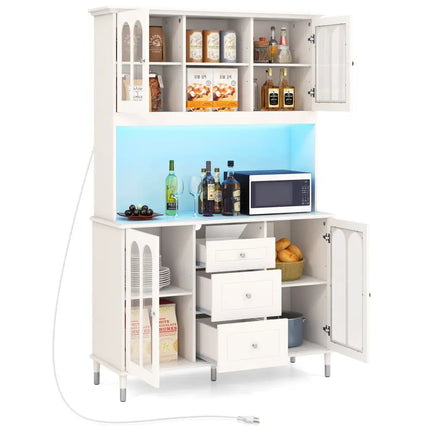 73 Inch Kitchen Pantry Storage Cabinet Freestanding Buffet Cabinet with LED Lights-White - White - Sideboards Cabinets