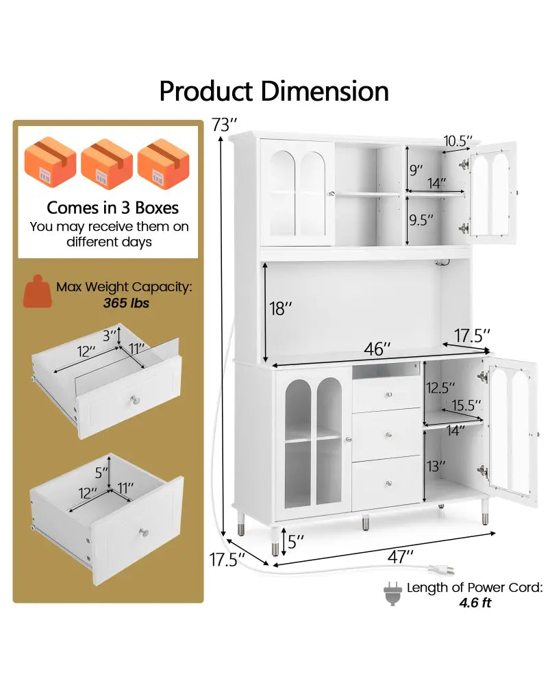 73 Inch Kitchen Pantry Storage Cabinet Freestanding Buffet Cabinet with LED Lights-White - White - Sideboards Cabinets