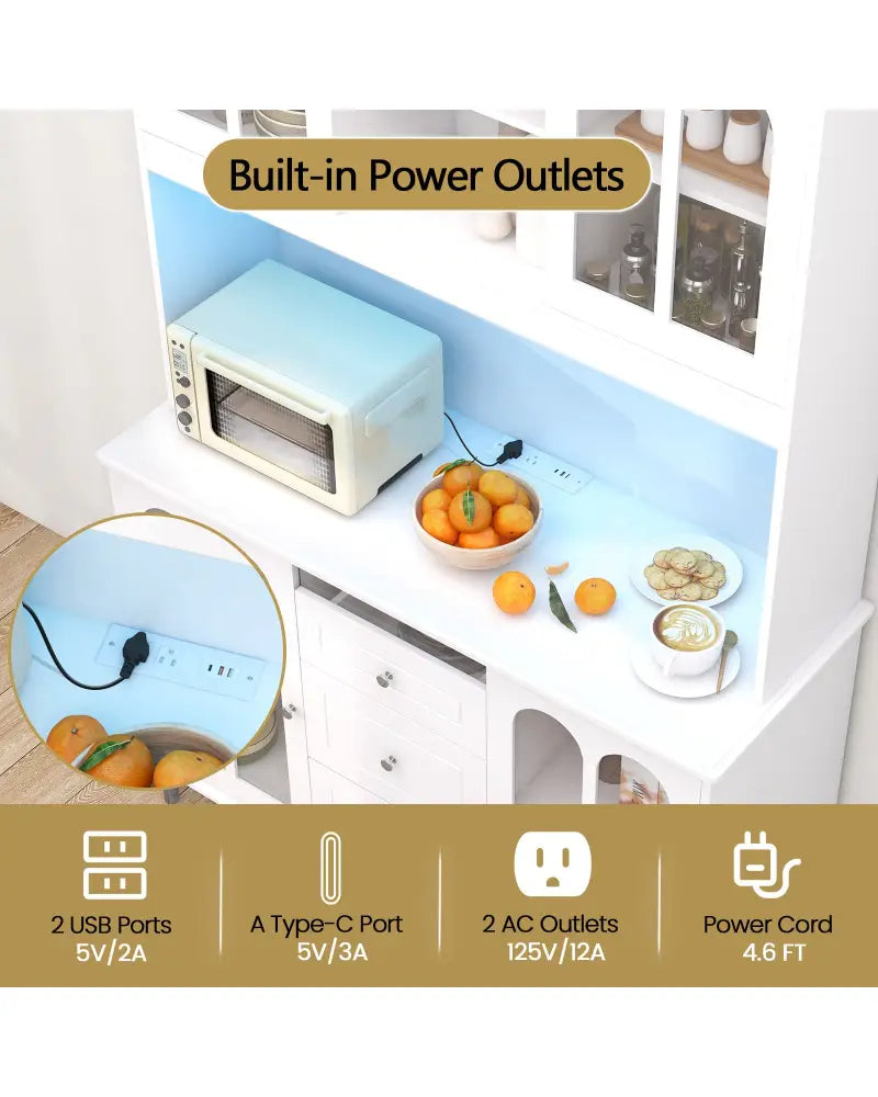73 Inch Kitchen Pantry Storage Cabinet Freestanding Buffet Cabinet with LED Lights-White - White - Sideboards Cabinets