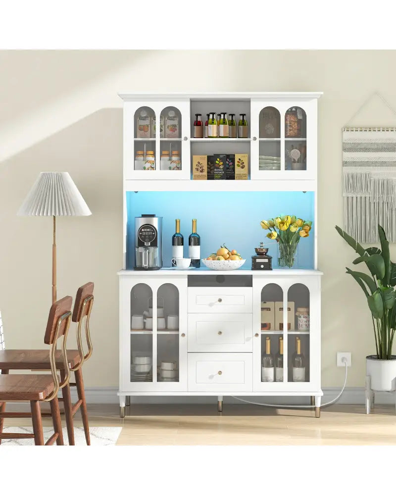 73 Inch Kitchen Pantry Storage Cabinet Freestanding Buffet Cabinet with LED Lights-White - White - Sideboards Cabinets