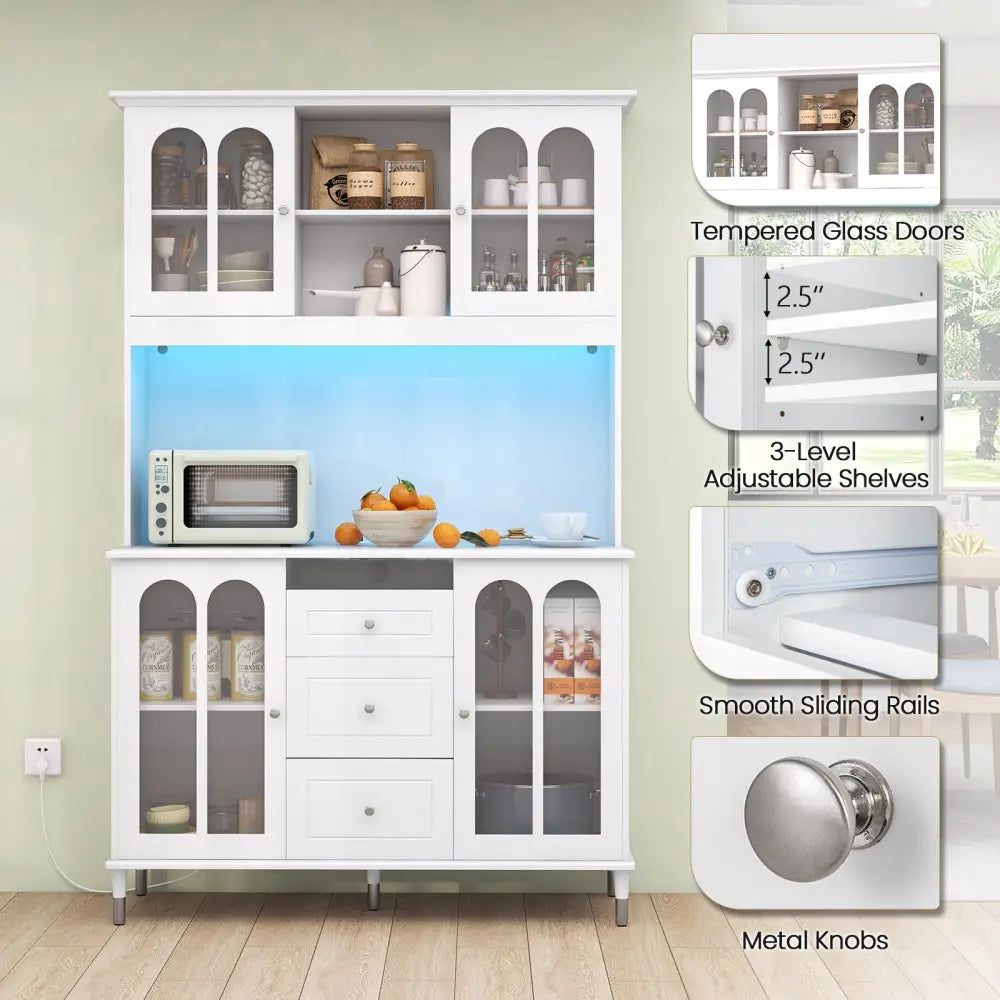 73 Inch Kitchen Pantry Storage Cabinet Freestanding Buffet Cabinet with LED Lights-White - White - Sideboards Cabinets