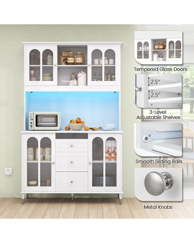 73 Inch Kitchen Pantry Storage Cabinet Freestanding Buffet Cabinet with LED Lights-White - White - Sideboards Cabinets