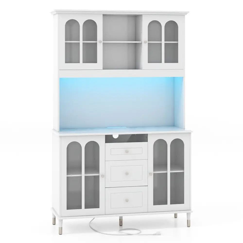 73 Inch Kitchen Pantry Storage Cabinet Freestanding Buffet Cabinet with LED Lights-White - White - Sideboards Cabinets