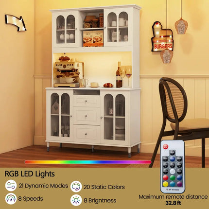 73 Inch Kitchen Pantry Storage Cabinet Freestanding Buffet Cabinet with LED Lights-White - White - Sideboards Cabinets
