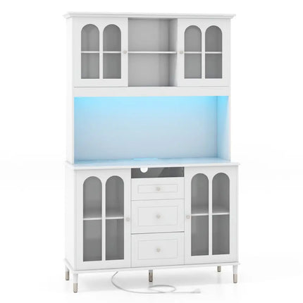 73 Inch Kitchen Pantry Storage Cabinet Freestanding Buffet Cabinet with LED Lights-White - White - Sideboards Cabinets