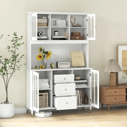 73 Inch Kitchen Pantry Storage Cabinet Freestanding Buffet Cabinet with LED Lights-White - White - Sideboards Cabinets