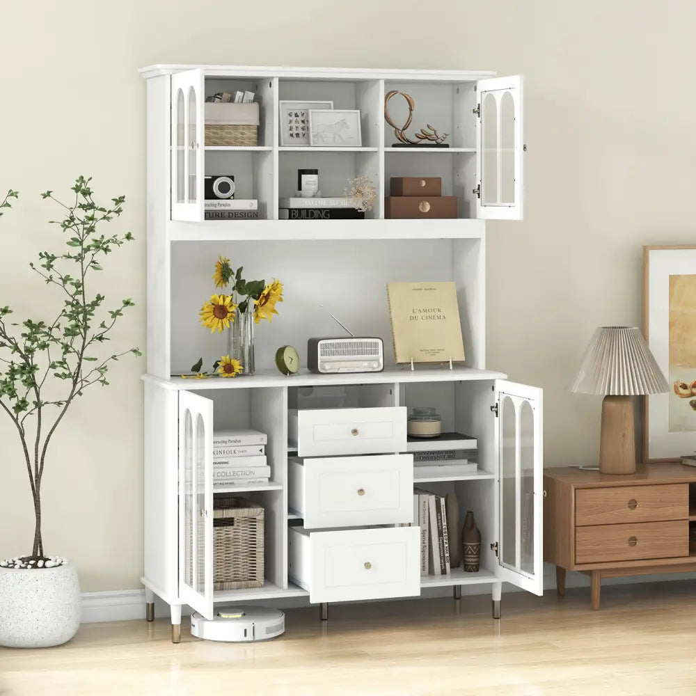 73 Inch Kitchen Pantry Storage Cabinet Freestanding Buffet Cabinet with LED Lights-White - White - Sideboards Cabinets