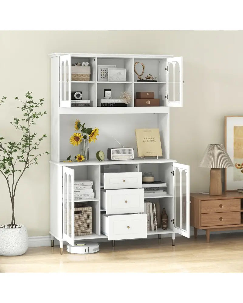 73 Inch Kitchen Pantry Storage Cabinet Freestanding Buffet Cabinet with LED Lights-White - White - Sideboards Cabinets