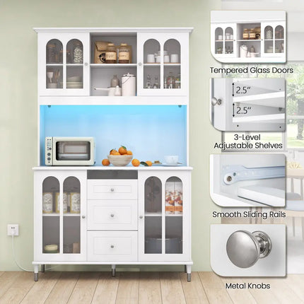 73 Inch Kitchen Pantry Storage Cabinet Freestanding Buffet Cabinet with LED Lights-White - White - Sideboards Cabinets
