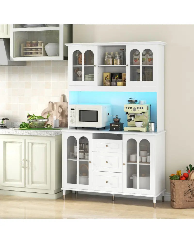 73 Inch Kitchen Pantry Storage Cabinet Freestanding Buffet Cabinet with LED Lights-White - White - Sideboards Cabinets