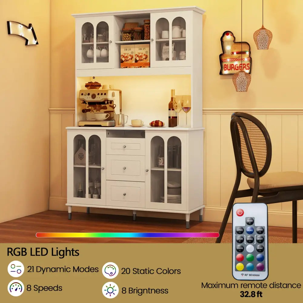 73 Inch Kitchen Pantry Storage Cabinet Freestanding Buffet Cabinet with LED Lights-White - White - Sideboards Cabinets