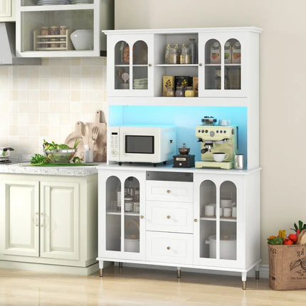 73 Inch Kitchen Pantry Storage Cabinet Freestanding Buffet Cabinet with LED Lights-White - White - Sideboards Cabinets