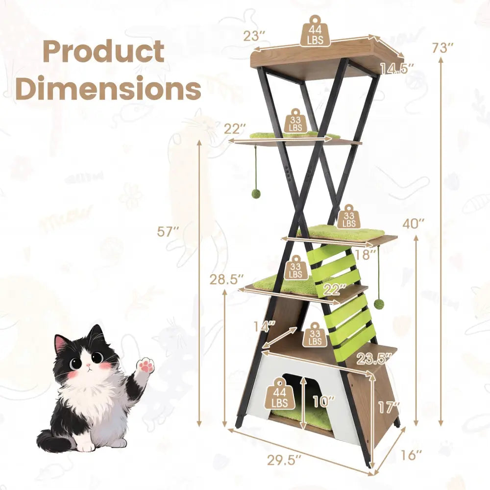 73 Inch Multi-level Cat Tree for Indoor Cats with Elevated Perch and Large Condo-Green - Green - Cat Trees Condos &