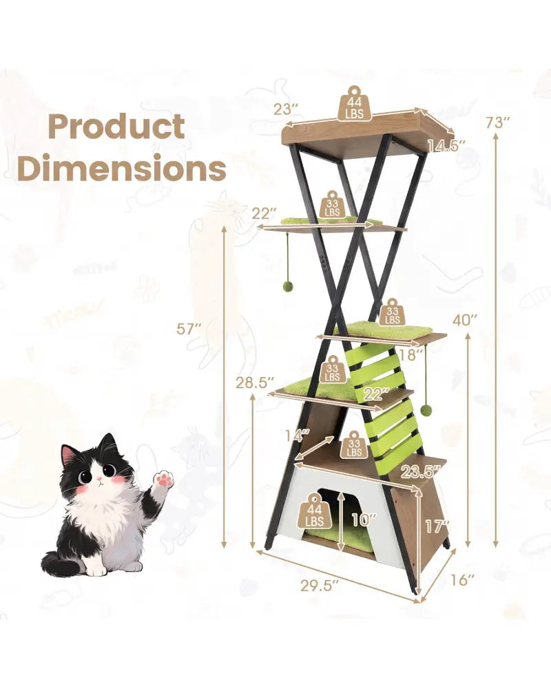 73 Inch Multi-level Cat Tree for Indoor Cats with Elevated Perch and Large Condo-Green - Green - Cat Trees Condos &
