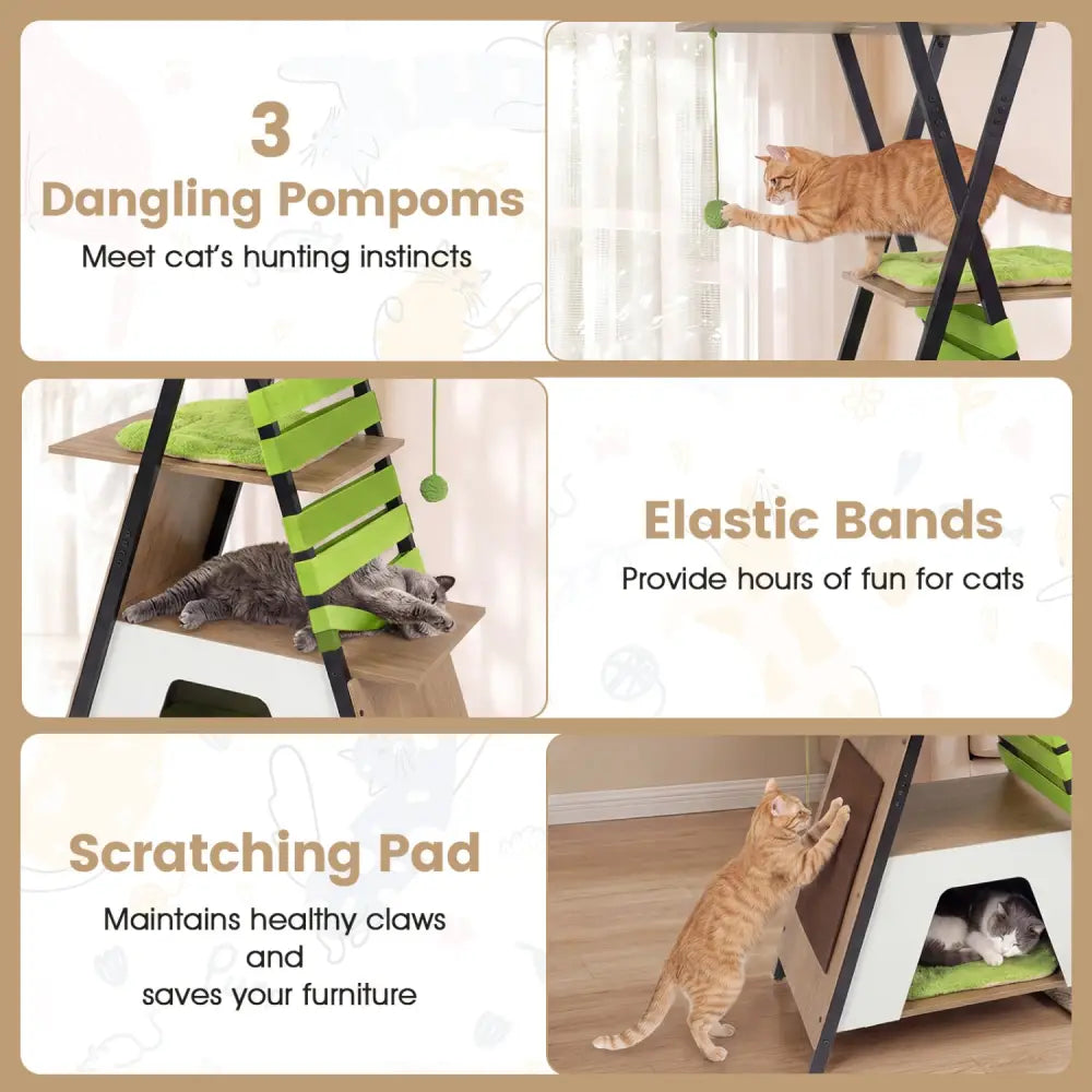 73 Inch Multi-level Cat Tree for Indoor Cats with Elevated Perch and Large Condo-Green - Green - Cat Trees Condos &