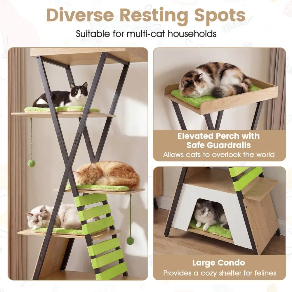 73 Inch Multi-level Cat Tree for Indoor Cats with Elevated Perch and Large Condo-Green - Green - Cat Trees Condos &