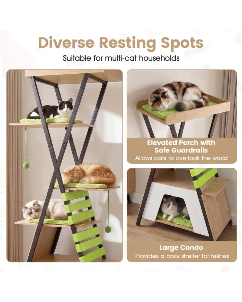 73 Inch Multi-level Cat Tree for Indoor Cats with Elevated Perch and Large Condo-Green - Green - Cat Trees Condos &
