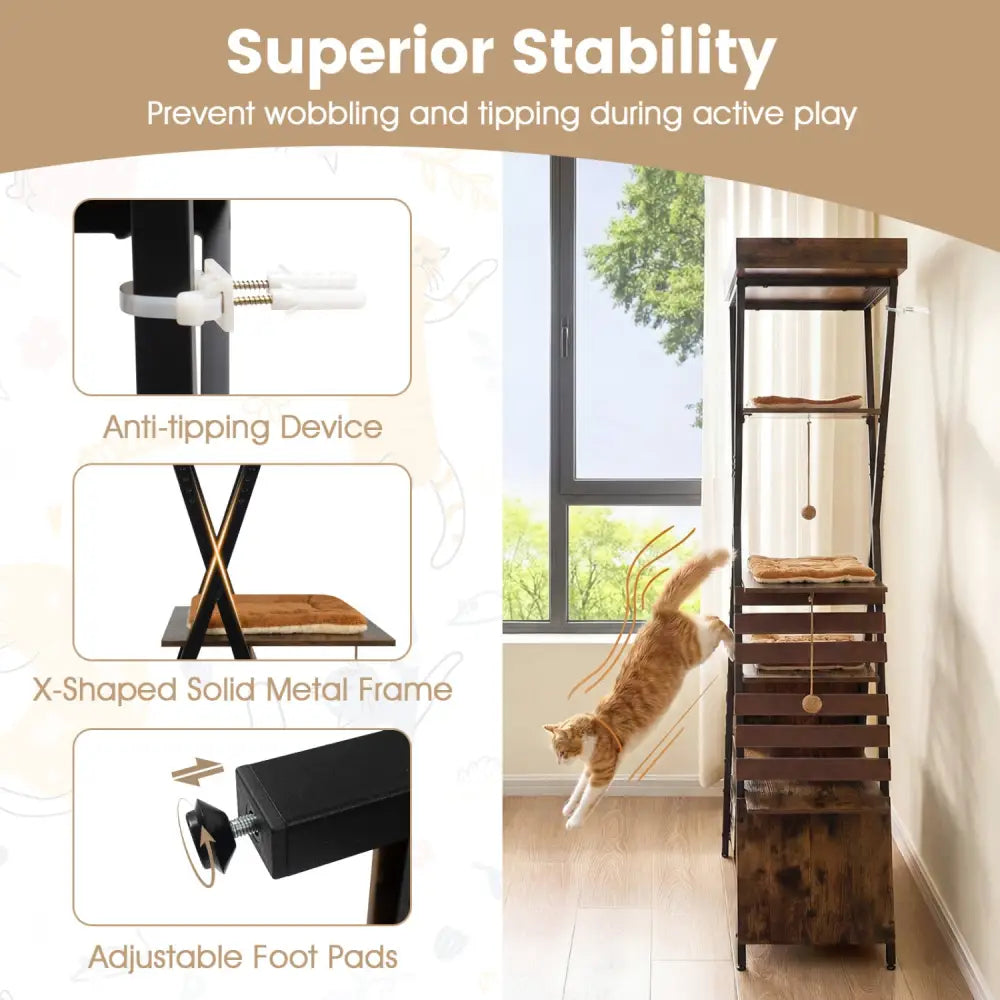 73 Inch Multi-level Cat Tree for Indoor Cats with Elevated Perch and Large Condo-Rustic Brown - Rustic Brown - Cat