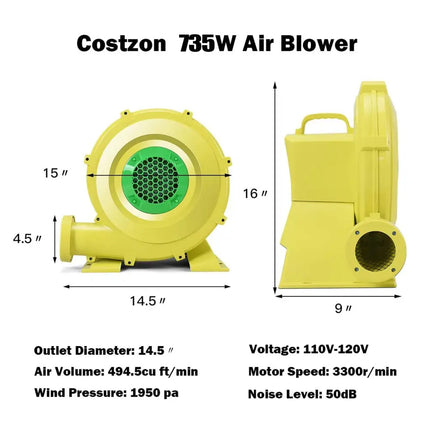 735 W 1.0 HP Air Blower Pump Fan for Inflatable Bounce House - Air Blowers