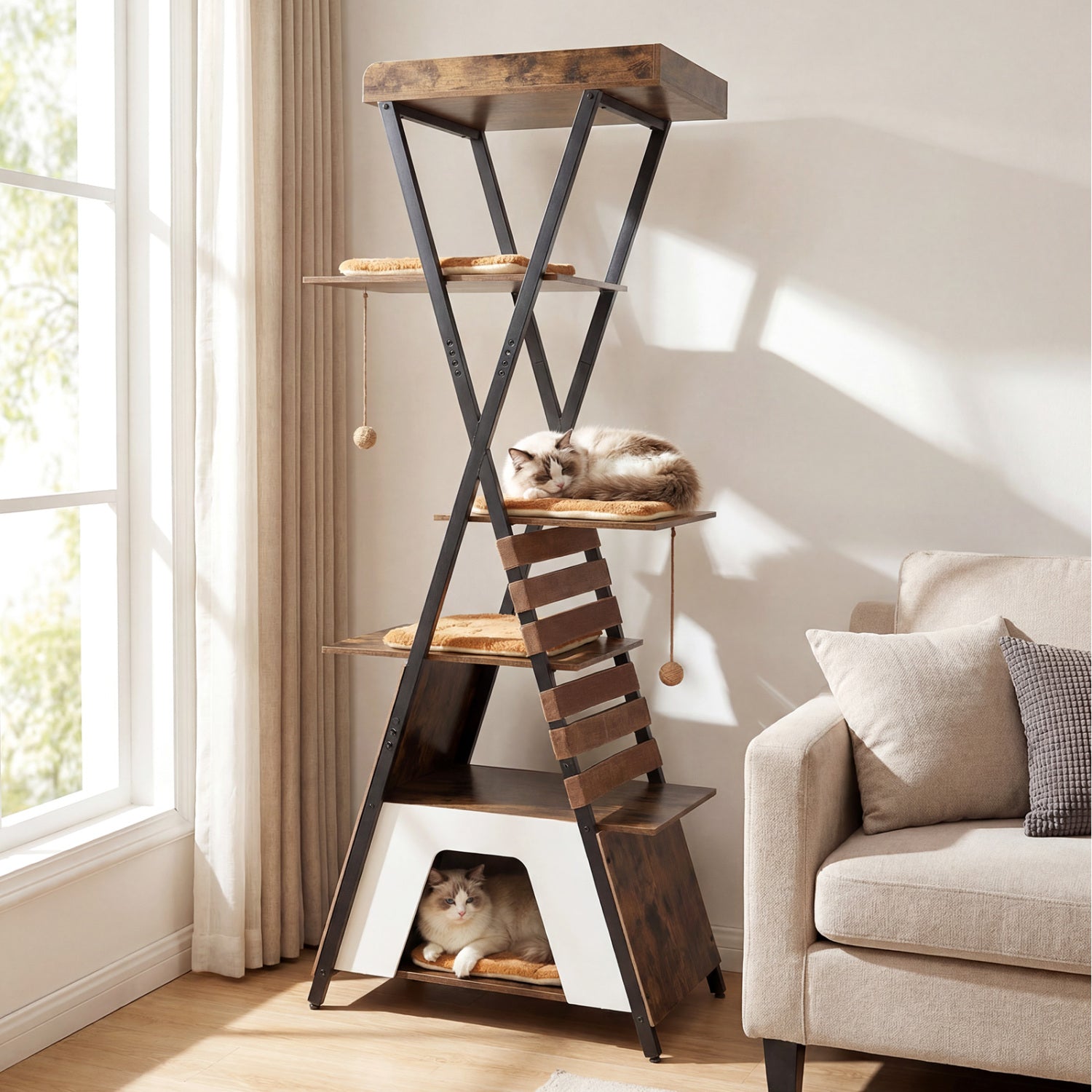 73 Inch Multi-level Cat Tree for Indoor Cats with Elevated Perch and Large Condo-Rustic Brown