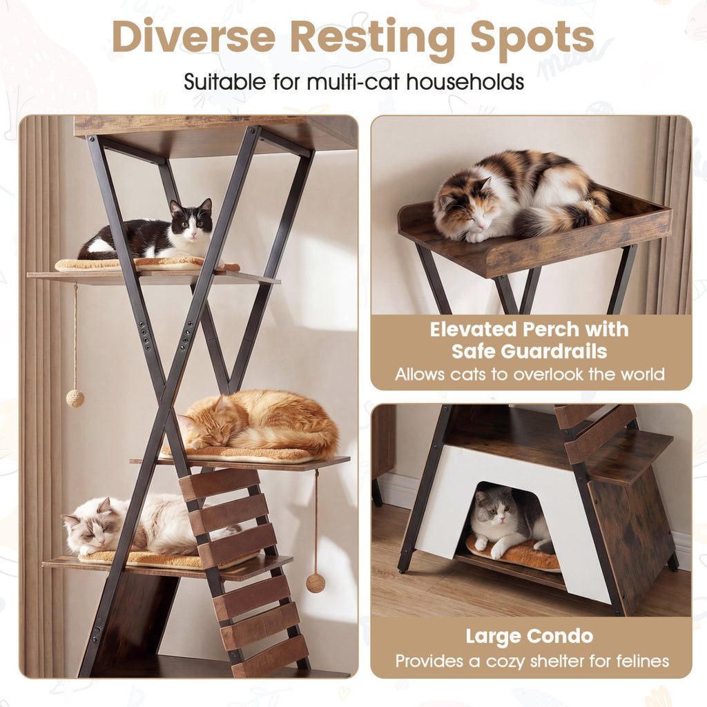 73 Inch Multi-level Cat Tree for Indoor Cats with Elevated Perch and Large Condo-Rustic Brown