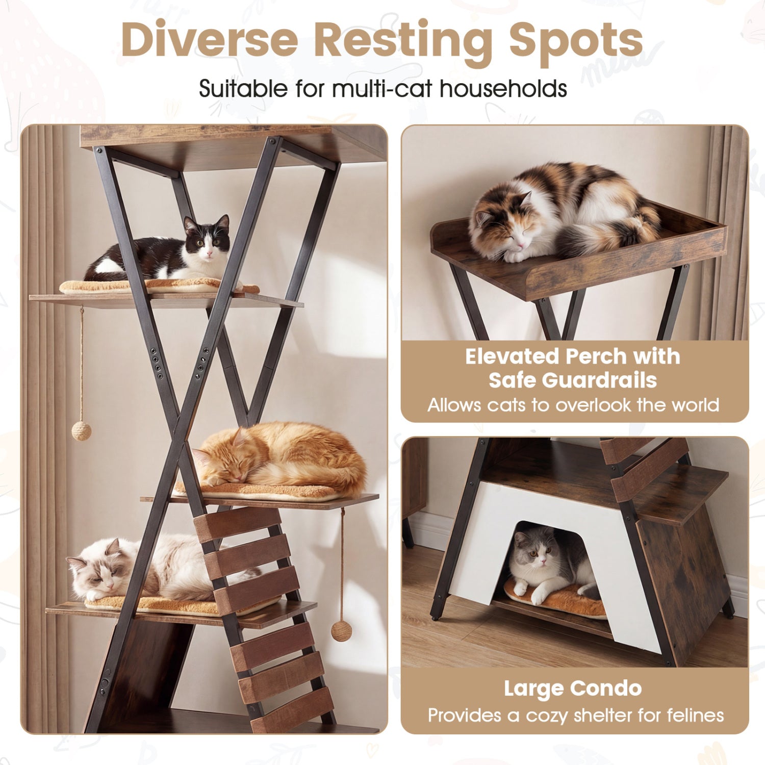 73 Inch Multi-level Cat Tree for Indoor Cats with Elevated Perch and Large Condo-Rustic Brown