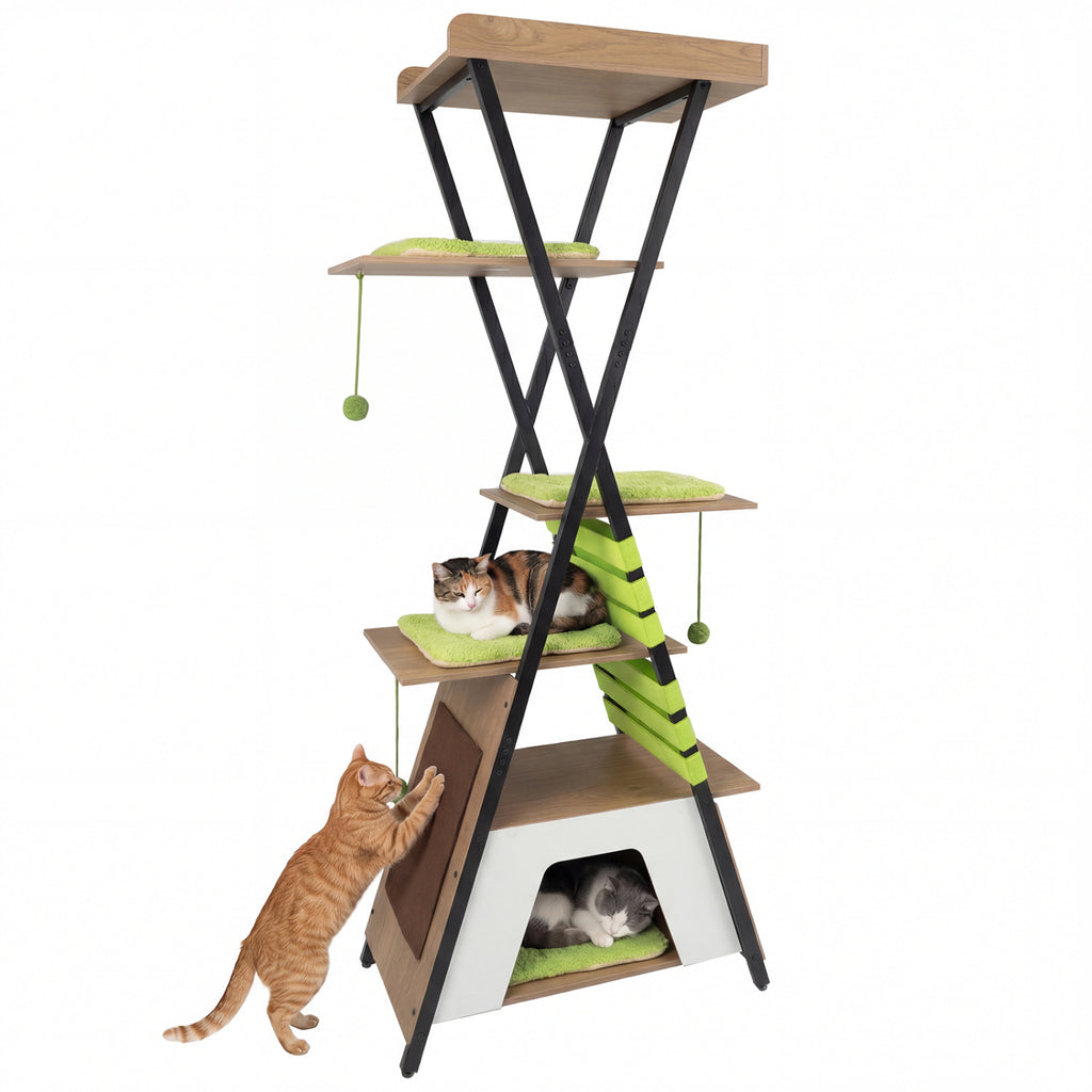 73 Inch Multi-level Cat Tree for Indoor Cats with Elevated Perch and Large Condo-Green