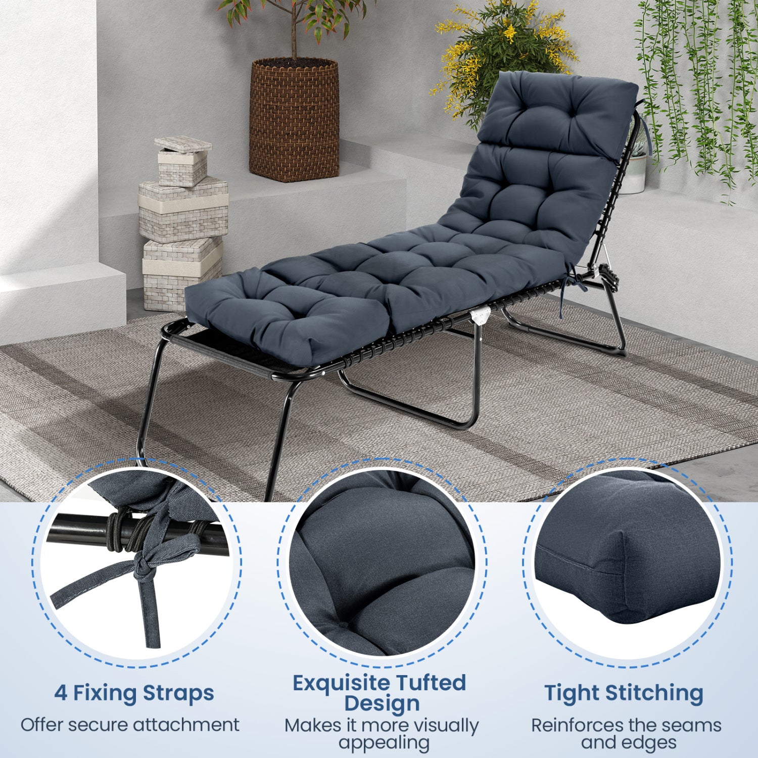 73"x22" Outdoor Lounge Chaise Cushion with High Back String Ties Set of 2-Gray