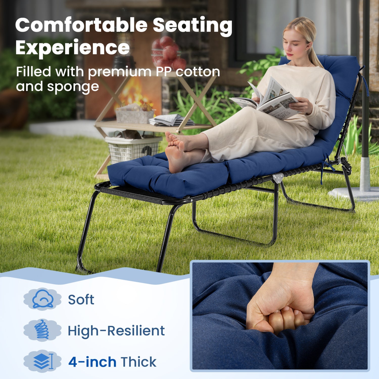 73"x22" Outdoor Lounge Chaise Cushion with High Back String Ties Set of 2-Navy